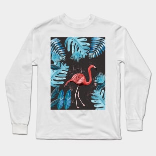 Flamingo with tropical leaves and a gray background Long Sleeve T-Shirt